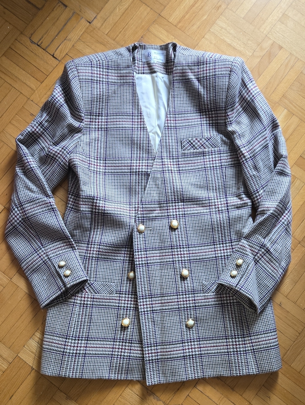 Checked Double-Breasted Blazer with Gold Buttons - Unbranded
